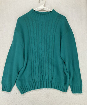 VINTAGE Haband Sweater Womens 2X Teal Green Cable Knit Mock Neck 80s 90s USA